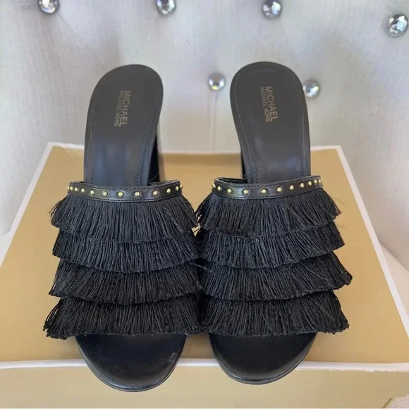 Michael Kors Black Tassel Fringe Mule Heels - Picture 1 of 6